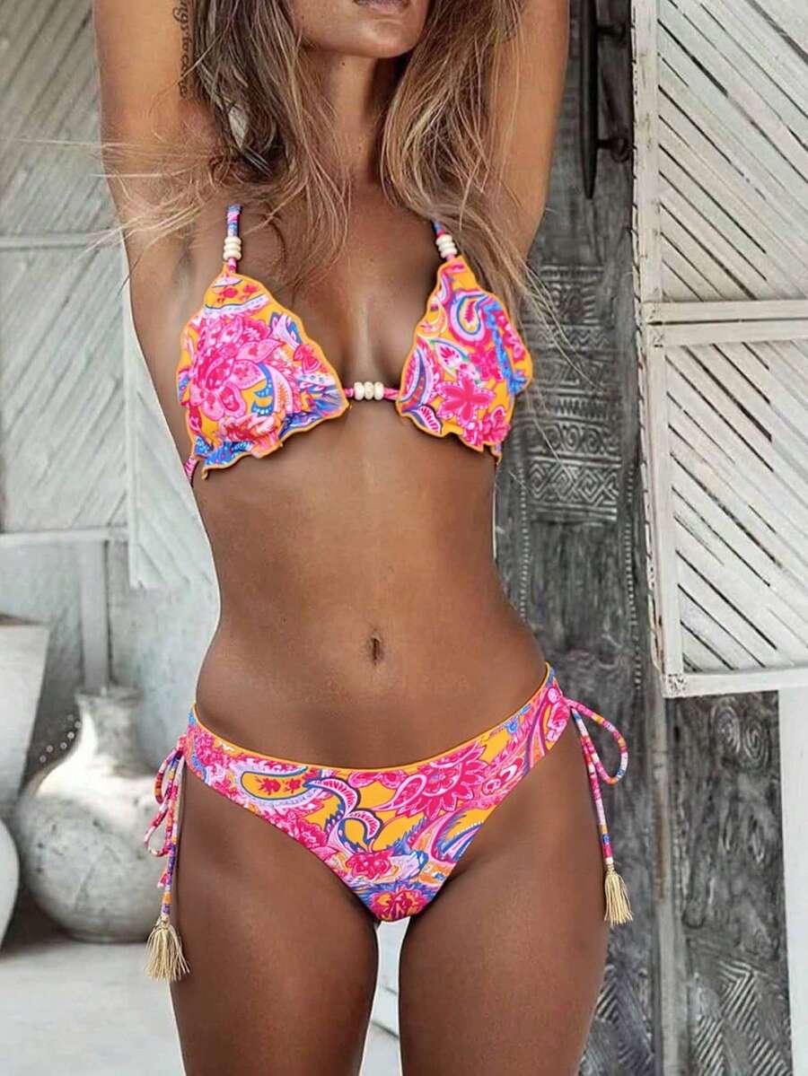 2件套全身印花性感露背比基尼套装，适合夏季海滩度假旅行