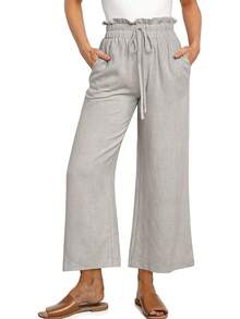 Womens Linen Pants Summer Wide Leg Casual Loose High Waist Drawstring Palazzo With Pockets- 25 / 20 / 3 InseamHalloween Christmas New Year - 淺灰色 - 查看 1