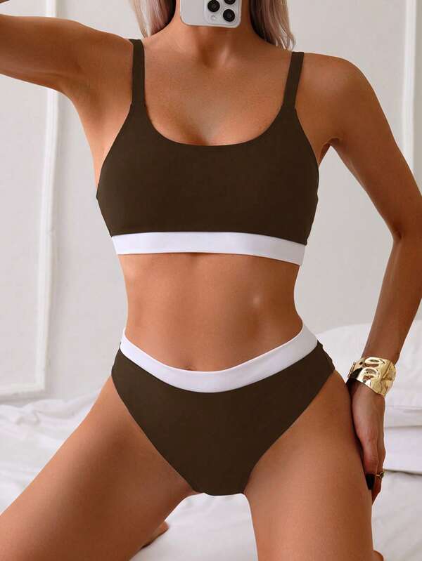 2025 New European & American Style Solid Black-White Patchwork Bikini, Sexy Women Swimwear