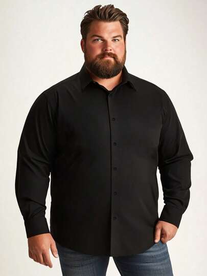 Camisa casual de manga larga negra para hombre de talla grande, camisa con botones de moda, otoño