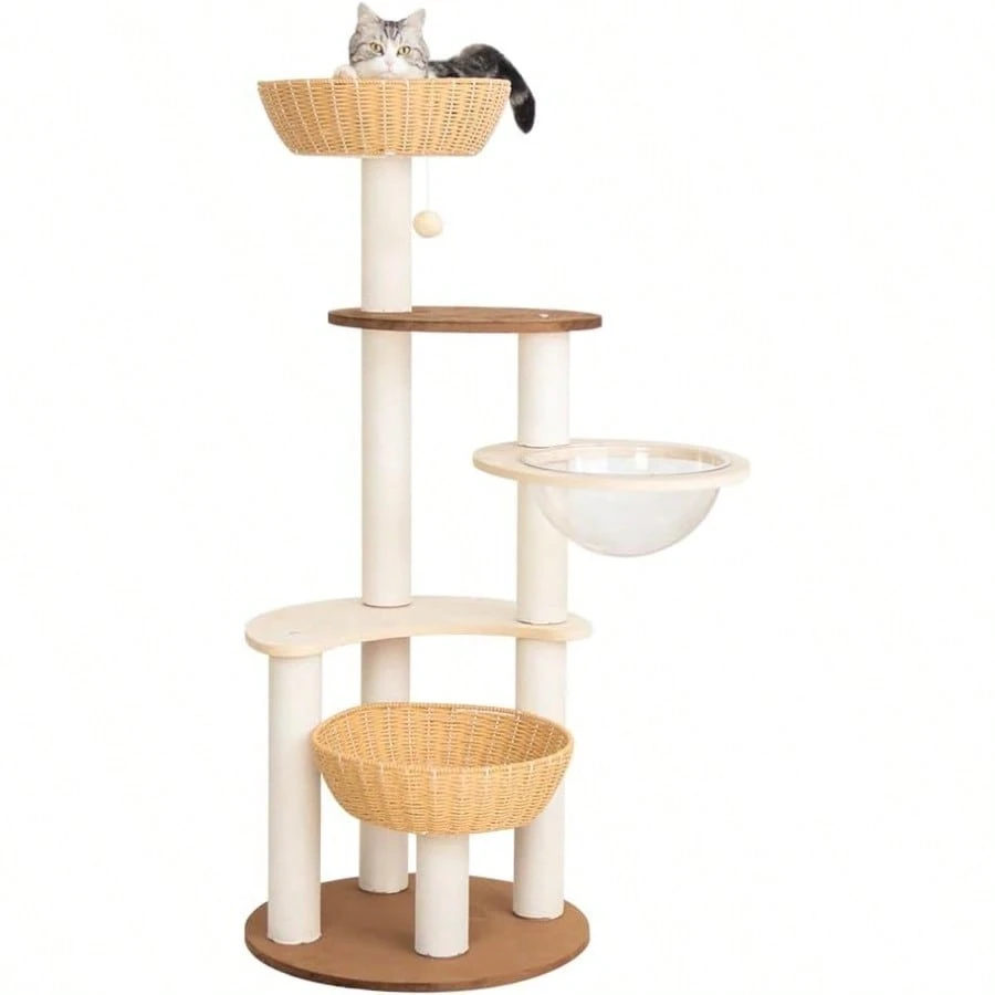 LULUCAT キャットタワー 木製 据え置き 大型猫 おしゃれ ラバーウッド 手編みカゴ インテリア性 無垢材 多頭飼い スリム 夏冬兼用 天然木 見晴台付き 猫タワー 宇宙船クリアボウル 中型猫 爪研ぎ ハンモック サイザル麻紐 コットン紐 運動不足解消 高さ133cm(パーティクルボード )