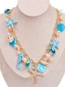 1pc Versatile Pearl, Starfish, Seahorse, Seashell & Nautical Elements Necklace, Suitable For Beach, Holiday, Summer Activity Wearing