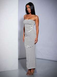 Vestiso mujer strapless largo maxi  rayas  color combinado   casual  dulce  sencillo   canalé  rib  abertura trasera caminar playa  noche de fiesta  vacaciones oficina  casa  diario  fiesta de cumpleaños  jardín  calle  concierto de música country  verano - Blanco - Ver 2