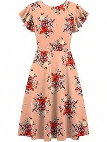 Women's Semi-Formal Ruffle Sleeve V-Back Work Fit And Flare Cocktail Knee Length Dress With Pockets, 2025 Style - Pink Floral - 查看 3