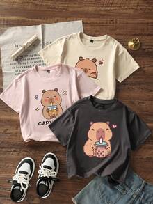 3 piezas Camisetas de manga corta y cuello redondo informales estampadas para niñas adolescentes y estudiantes, para el verano