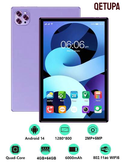 Qetupa 2025 Model 10.1 Inch High-Performance Tablet PC, 4GB+64GB, Android 14 System, Supports 802.11ac Wi-Fi, Quad-Core MTK 6755 1.3GHz Processor, 1280*800 IPS HD Large Screen, 6000mAh Battery (Adapter Not Included), Supports Widevine L1, 2MP Front Camera, 5MP Rear Camera (Does Not Support SIM Card)