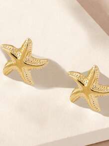 3pcs/Set Starfish & Shell Shaped Stud Earrings Set, Ocean Themed Fashion Beach Jewelry Accessories