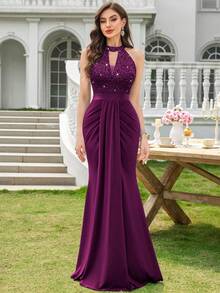 MIUSOL Sequin Floral Lace Halter Neck Draped Formal Party Bodycon Maxi Dress, Elegant Party Dress For Women, Formal Evening Gown, Prom Dress, For Wedding Guest, Graduation, Dinner - Màu Tím - Xem 3
