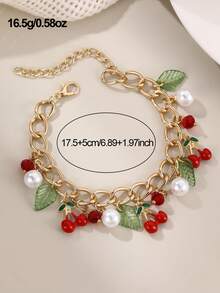 1 件女孩樱桃、草莓和叶子串珠珍珠手链