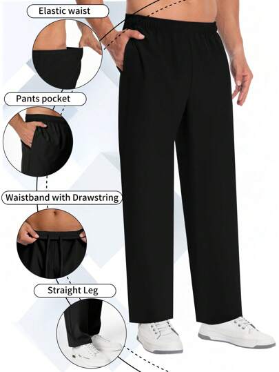 Men's Solid Drawstring Elastic Waist Pleated Pants, Stretchy With Pockets Quick Dry Work Trousers