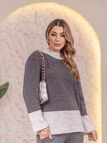 Oversize Knit Set In Plain Mousse Yarn With Striped Detail On The Hem, Autumn Winter - Dark Grey - View 2