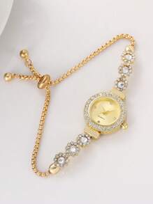 1pc Women's Fashion Elegant Gold-Color Rhinestone & Bead Drawstring Bracelet Watch, Concise Rhinestone Scale Dial Quartz Wrist Watch