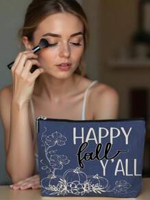 1pc Autumn Pumpkin Sunflower Maple Leaf Bow Letter Linen Printed Makeup Bag, Cute Travel Cosmetic Pouch And Multifunctional Coin Purse, Lightweight Gift For Women