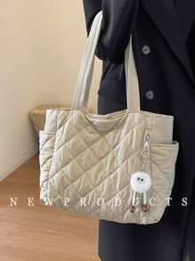 New Fashion Large Capacity Quilted Diamond Design Double Handle Shoulder Tote Bag, Lightweight And Portable, Women's Wallet, Suitable For Outdoor Travel In Summer, Decorated With Animal Pendants, Travel Essential Backpack