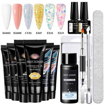 MEET ACROSS 13pcs 20ml Poly Nail Extension Gel Kit Nail Art Prolong Polygels Set Clear Nude Glitter Acrylic Gel With Slip Solution, Nail UV Gel Tip Form Slice Brush Kit , Nail Extension Molds, Base Gel Top Coat Manicure Kit For Summer Nails Nail Supplies