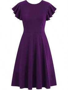 Women's Semi-Formal Ruffle Sleeve V-Back Work Fit And Flare Cocktail Knee Length Dress With Pockets, 2025 Style - Màu tím - Xem 3