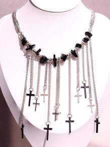 1pc Fashionable, Elegant, Unique, Refined, Dark Gothic, Y2K, Hip-Hop, Punk Style Cross Tassel Multi-Layer Necklace For Women, Suitable For Daily Wear, Festivals, Parties