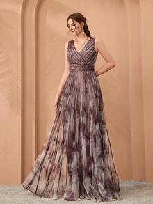Mgiacy,New Arrival,V-Neck, Printed Mesh, Tie, Long Skirt With A Big Swing, High-End Evening Dress,FOR,Dinner Party - Purple - View 4