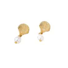 1 par de pendientes minimalistas de verano estilo Ins con perla y concha metálica para mujeres, adecuados para bailes, fiestas y banquetes