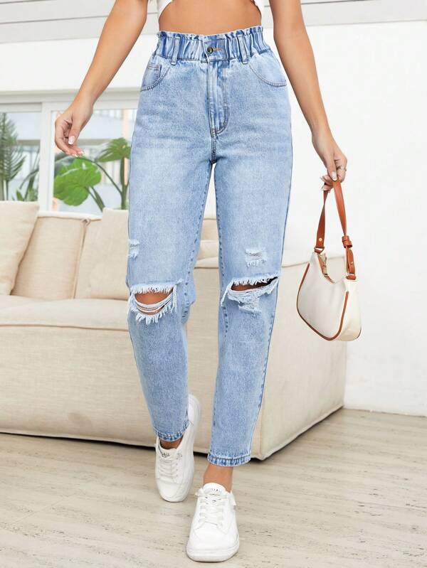 Casual Elastic Waist Design Loose Jeans, Stylish Ripped Holes, Suitable For Teenagers, Young Adults & Mothers, Spring/Summer