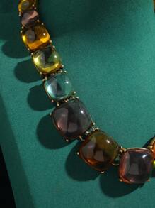 Vintage bronze-plattiertes 18k Goldfarbenes, übertriebenes, transparentes Kunstharz-Emaille Bonbon-farbenes Halskette, Armband, Ohrring Schmuckset