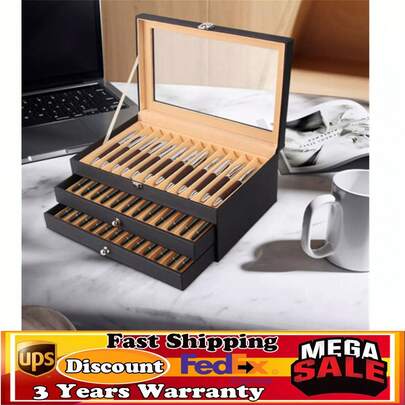 36 Slot Leather Fountain Pen Display Case Organizer With Transparent Lid For Collectors