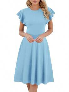 Women's Semi-Formal Ruffle Sleeve V-Back Work Fit And Flare Cocktail Knee Length Dress With Pockets, 2025 Style - 天藍色 - 查看 1