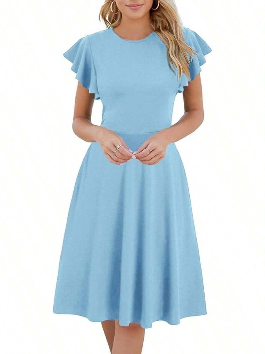 Women's Semi-Formal Ruffle Sleeve V-Back Work Fit And Flare Cocktail Knee Length Dress With Pockets, 2025 Style - 天藍色 - 查看 1