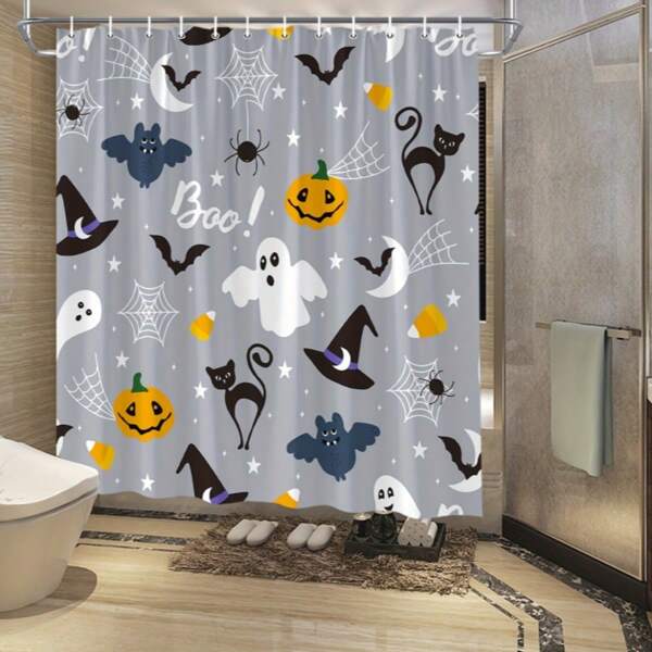 1PC Halloween Shower Curtain With Hooks, Polyester Bath Curtain, Horror Themed Pattern With Ghosts, Bats, Pumpkins, And Black Cats - Decorative Bathroom Accessory Back To School