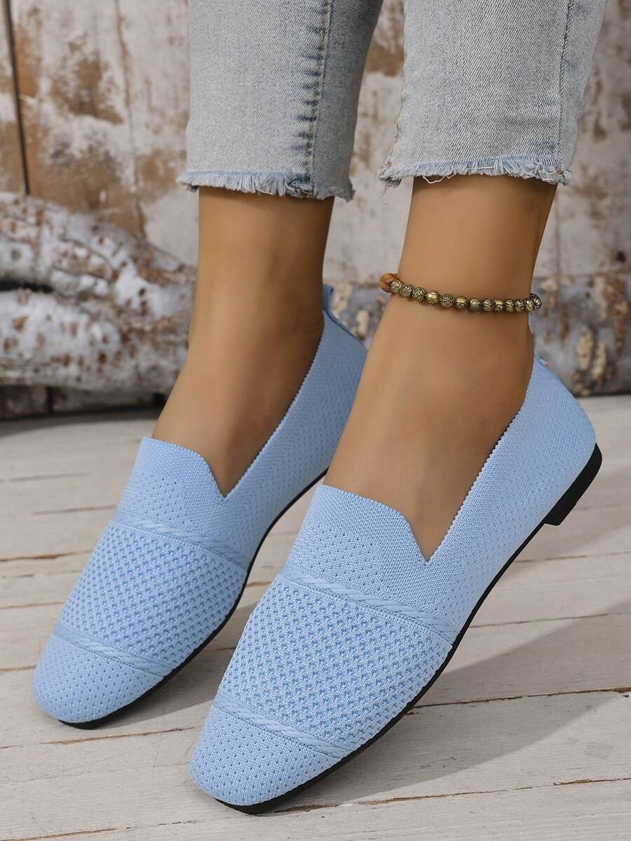 Women's Knitted Flat Square Toe Loafers, Comfortable Mother's Shoes, Breathable For Spring & Autumn