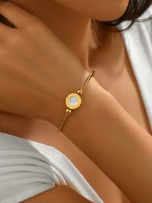 1pc Fashion Stainless Steel Roman Numeral Detail Round Decor Bangle For Women For Daily Decoration - Gold - View 1