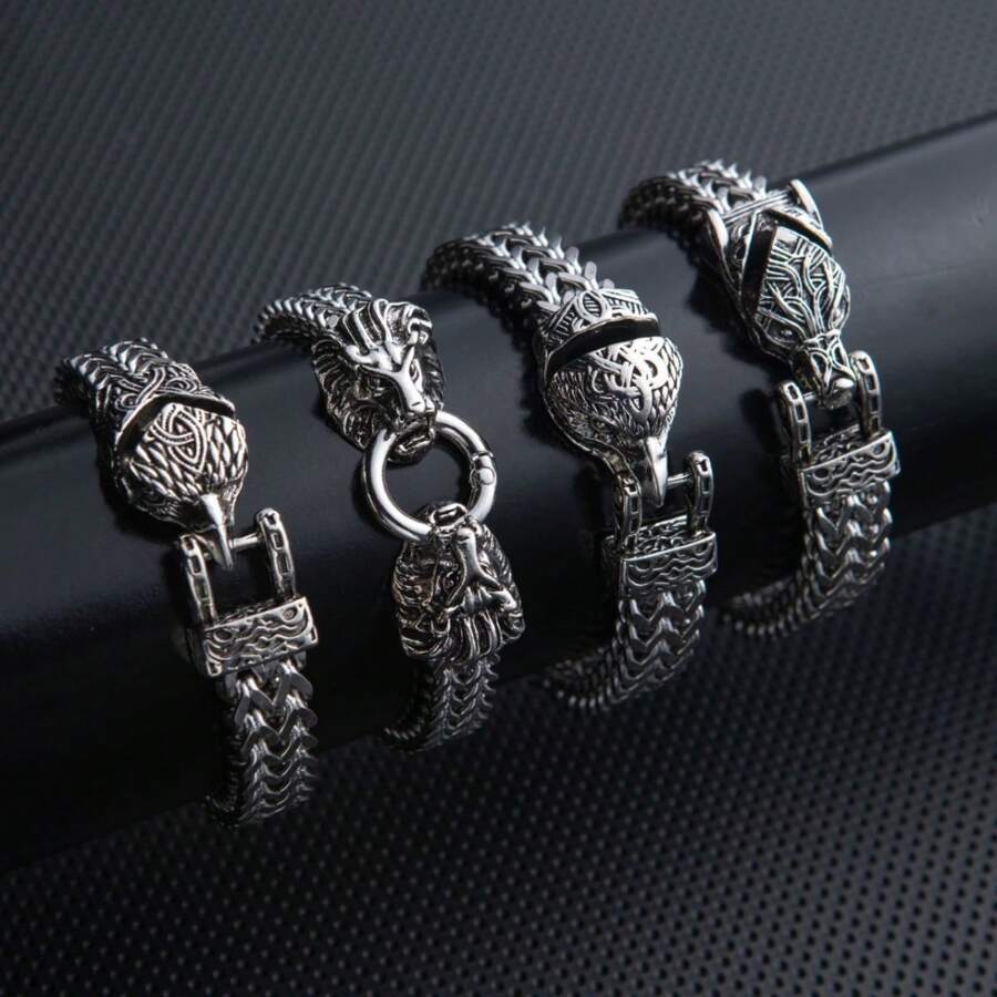 1pc Retro Punk Style Stainless Steel Wolf Head Men's Bracelet, Fade-Resistant