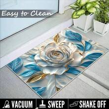 1Pc 3D Blue Rose Pattern Farman Velvet Area Rug With Silicone Bottom Non Slip And Stays In Place Polyester Rug For Porch Living Room Bedroom Terrace Balcony Home Decor Housewarming Gift Outdoor Carpet Back To School - Blue - View 4