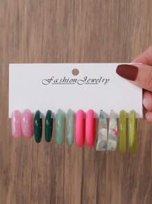 12pcs/Set Boho Style Acrylic Resin C-Shape Round Geometric Waterdrop Earrings, Suitable For Women's Daily Wear, Summer Beach Holiday, Gift