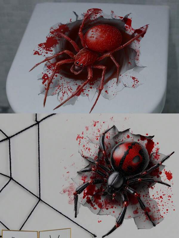 3D Horror Spider Wall Stickers - Aggressive Red Spider Breaking Through Cracked Wall Design, Durable PVC Vinyl Sticker For Bathroom, Toilet, Toilet Seat & Wall Decor, Self-Adhesive, Easy Peel And Stick, Removable Halloween Decorations Room Decor Home Decor