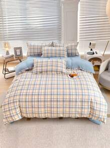 Juego de ropa de cama para dormitorio de 4 piezas (1 funda de edredón + 1 sábana + 2 fundas de almohada), de tela suave y amigable con la piel, con envoltura antideslizante de 360 grados, sin blanqueadores ópticos, transpirable, absorbente, duradero, lavable, cálido, adecuado para dormitorio, habitación de invitados, dormitorio de estudiantes, habitación infantil, toda la familia