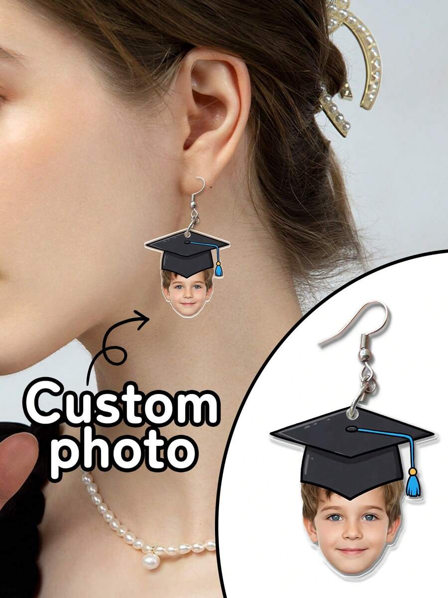 1pc Custom Graduation Face Earrings – Personalized Grad Gift – Funny Graduation Jewelry – Custom Photo Earrings For Her Or Him