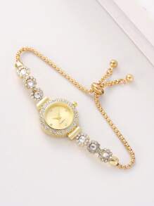1pc Women's Fashion Elegant Gold-Color Rhinestone & Bead Drawstring Bracelet Watch, Concise Rhinestone Scale Dial Quartz Wrist Watch