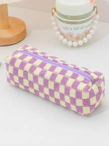Students' Plush Knitted Checkered Pencil Case, Simple Storage Pouch, Cosmetic Bag, Back To School, School Supplies, Pencil Pouch, School Bag