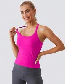 Workout Tops Women With Built In Bra, Sleeveless Gym Tops Seamless Racerback Athletic Yoga Shirts, Activewear - 玫紅色 - 查看 6