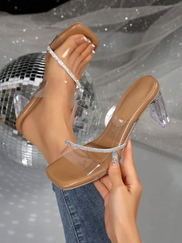 Women's Crystal Clear Wedge Heel Sandals, Rhinestone Decor Peep-Toe Chunky Heels Summer Slides