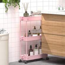 SPACEKEEPER Slim Rolling Storage Cart, 3 Tier Bathroom Storage Organizer Laundry Room Utility Cart Mobile Shelving Unit, Multi-Purpose For Kitchen Office Bathroom Laundry Narrow Places - Pink - View 3