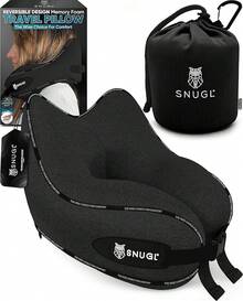 Almohada de viaje SNUGL - Almohadas de espuma de memoria - Almohada de cuello para avión con bolsa de transporte y clip - Almohadas de apoyo para el cuello para alivio del dolor - Accesorios de viaje para avión (adulto regular - negro) - Negro azabache - Ver 1