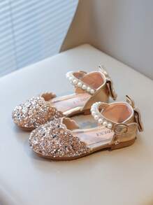 Nuevos zapatos de princesa para niñas con diseño de punta cerrada, con rhinestones, perlas, brillos y moño, zapatos planos para fiestas formales y vestidos, aptos para festividades, eventos y uso casual diario