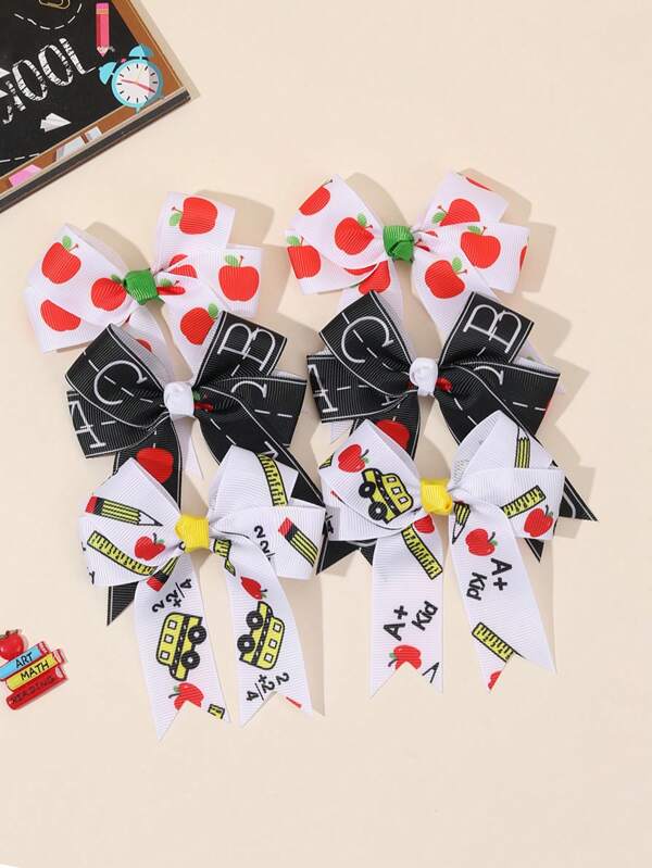 2pcs Back To School Hair Bows For Students Apple Pencil School Bus Letters Pattern Bow Hair Clips White Black Grosgrain Ribbon Bow Alligator Clips Cute Apple Pencil School Bus Letters Printed Bow Hair Clips Adorable Back To School Bow Barrettes For First Day Of School Teens Hair Accessories