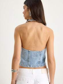 BIANCO LUCCI Women's Casual Sleeveless Single Button Denim Blouse Slit Hem - Blue - View 2