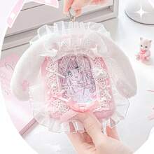 Rosyposy K-POP Fluffy Lace Photocard Holder 3.5" With Keychain - Cute Double-Sided Idol Card Protector Sleeve For Backpack, Purse, School Supplies,Back To School