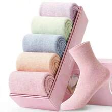 Bộ 5 đôi tất len dày dặn ấm áp mùa đông cho nữ, tất ống cỡ trung bằng vải nhung mềm mại, chống lạnh, tất mùa thu - Rượu sâm banh - Xem 5