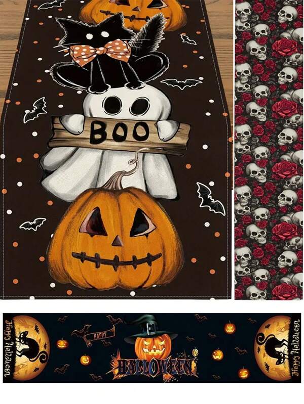 1 pièce Nappe Halloween 33*183 cm, nappe à motif fantôme noir, nappe de table pour fête d'Halloween, décoration de centre de table à dîner, nappe pour ambiance festive, nappe de décoration de fête, convient pour fête d'Halloween, fête à thème