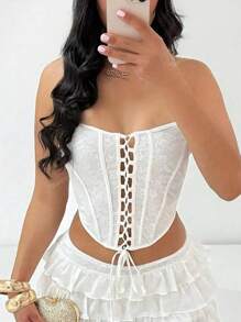 Sexy Elegant White Hollow Out Front Lace Up Corset Top Irregular Hem Shapewear Crop Tube Top Summer Outfits For Women